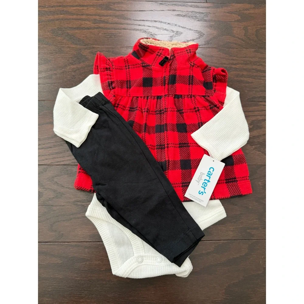 Carters Baby Girl 3-Piece Buffalo Plaid Vest Bodysuit Leggings Set Red Black 6M